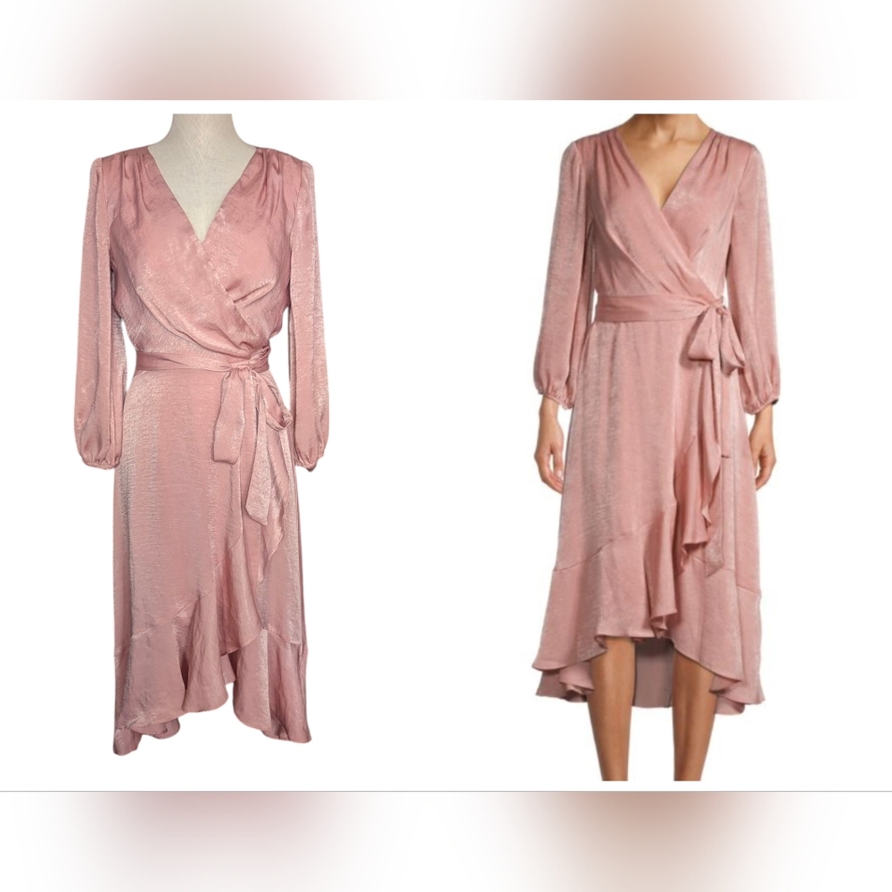Gal Meets Glam Shimmer Satin Ruffle Wrap Long Sleeve Midi Dress Size 2
